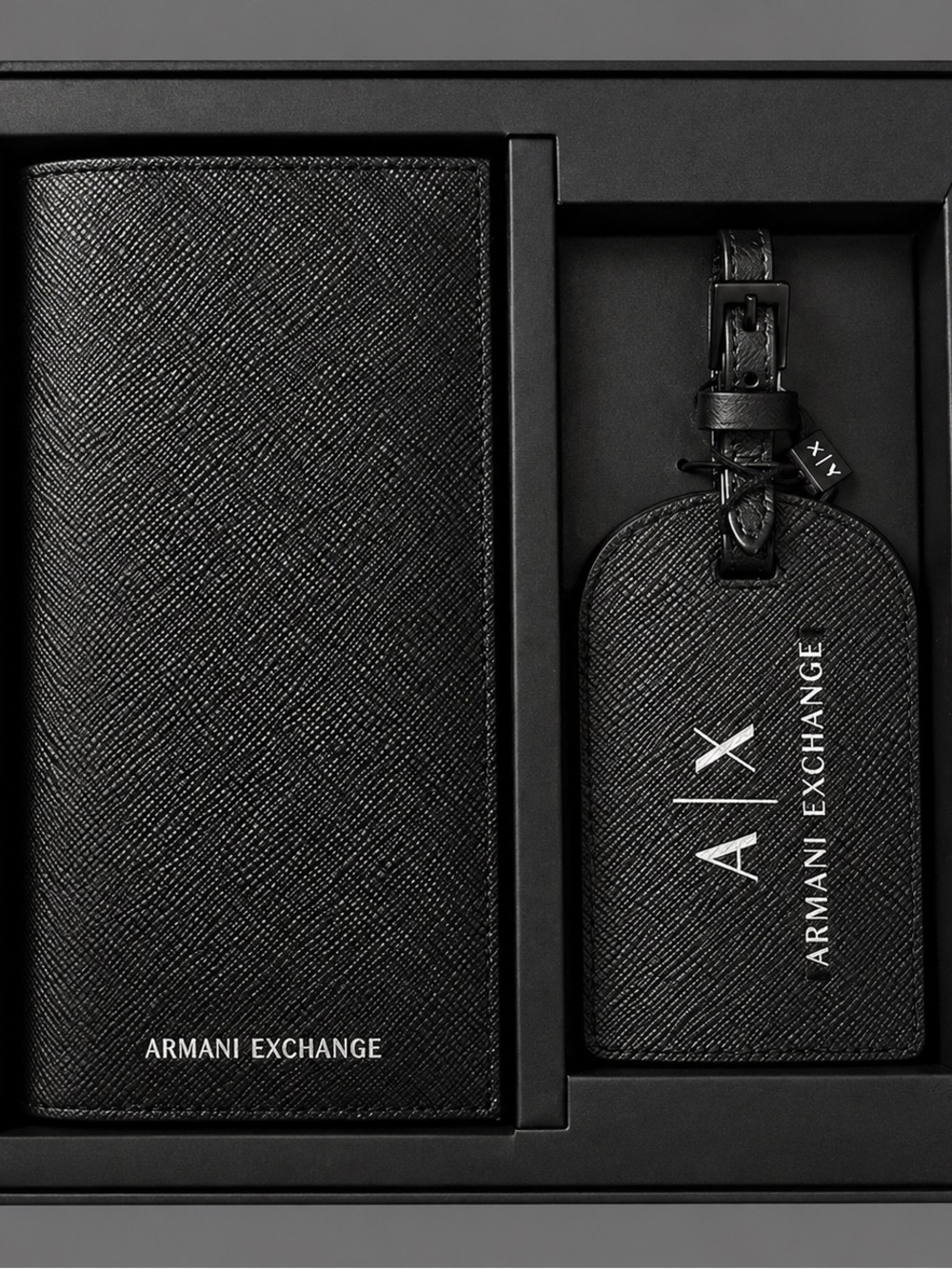 Armani Exchange Black Textured Passport Wallet and Luggage Tag Set